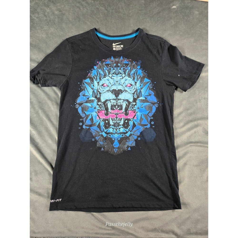 Nike Shirt Mens Small Tee Blue Lion Head Lebron James Athletic Cut Dri-Fit Black